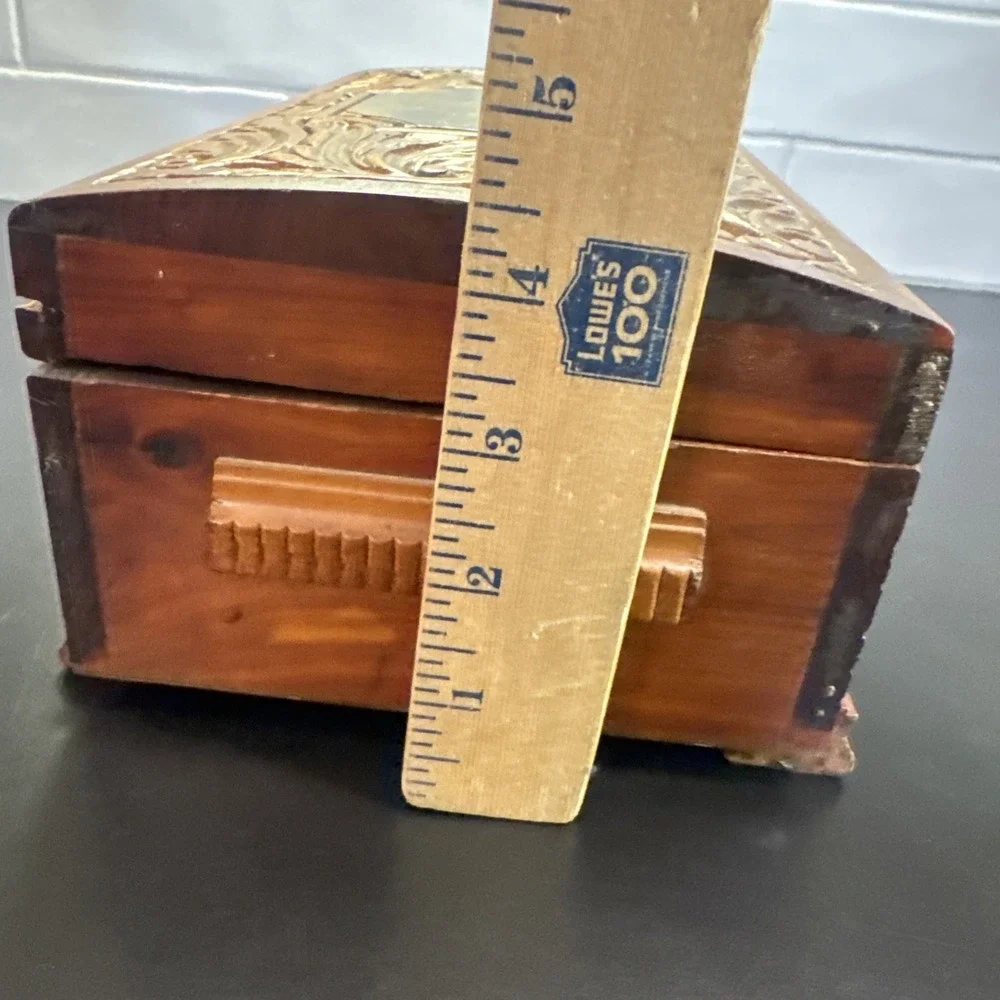 Vintage  Wooden Keepsake Box Hand Carved With Etched Floral Mirror